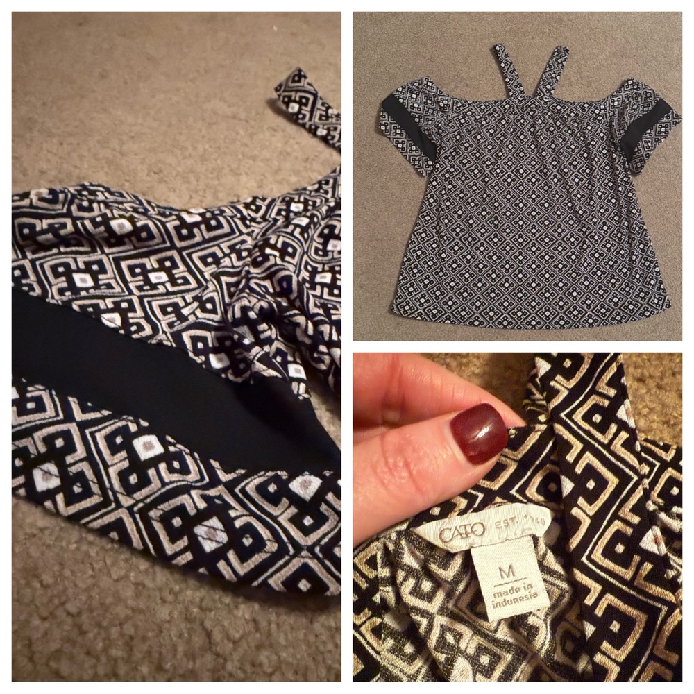 Cato Black and White Cold shoulder Geometric Women's Top